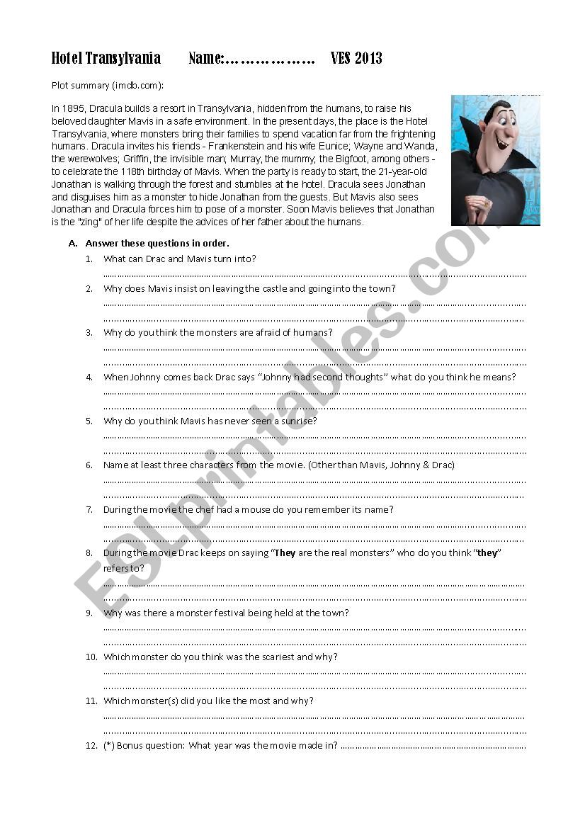 Hotel Transylvania worksheet