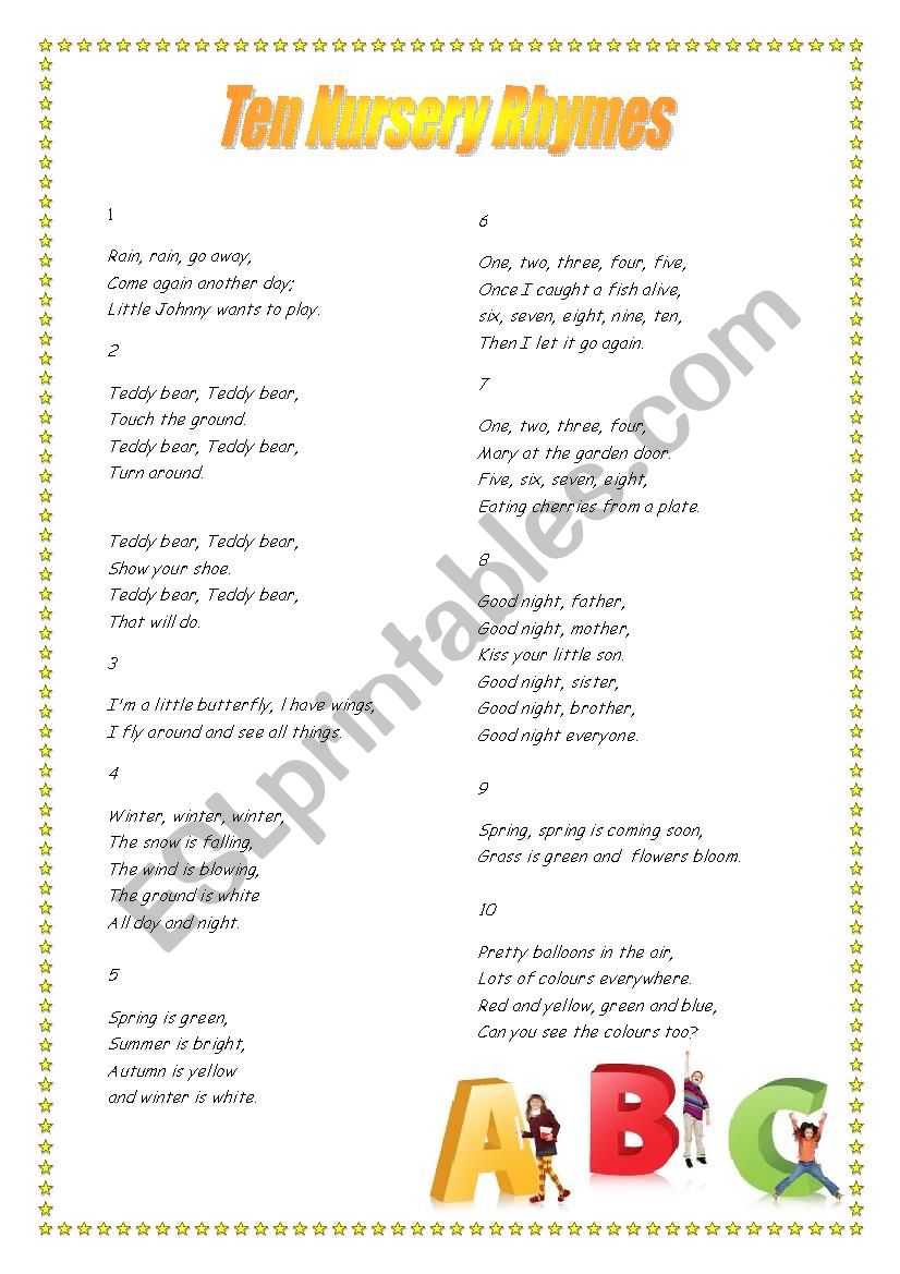 10 Nursery Rhymes + Tasks worksheet