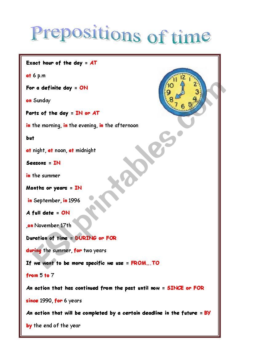 prepositions of time - explanation and exercises