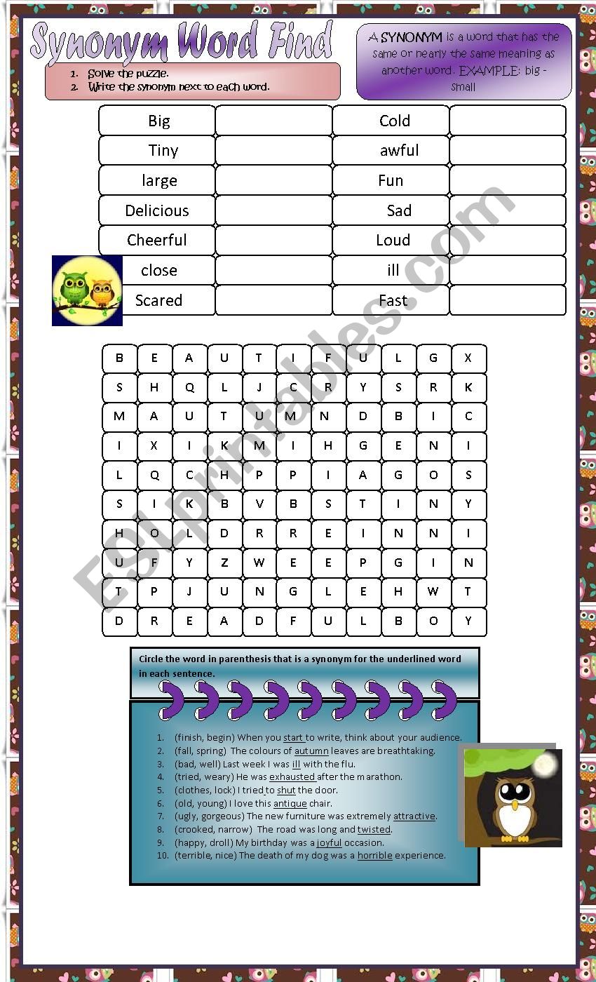 synonyms worksheet