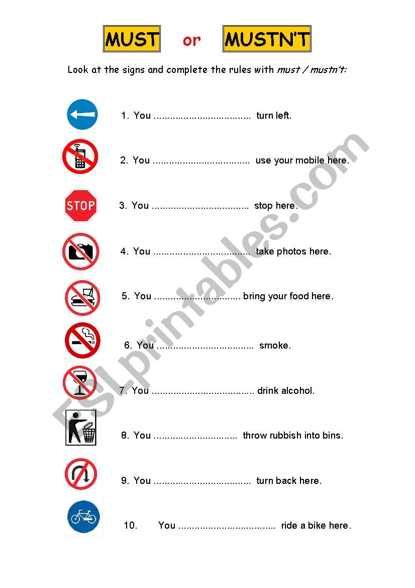 Signs - must or mustnt ? worksheet