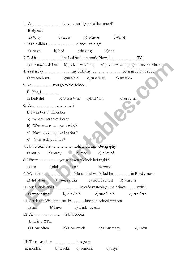 an exam for primary school worksheet