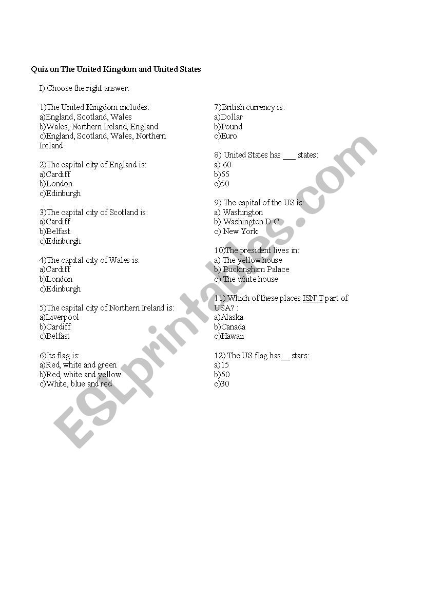 Quiz on United States and the UK