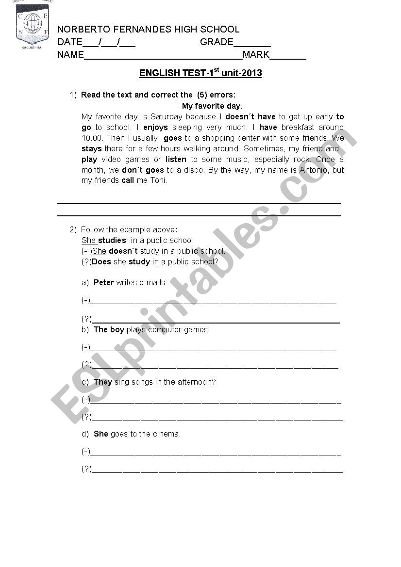 English Test- Simple Present worksheet