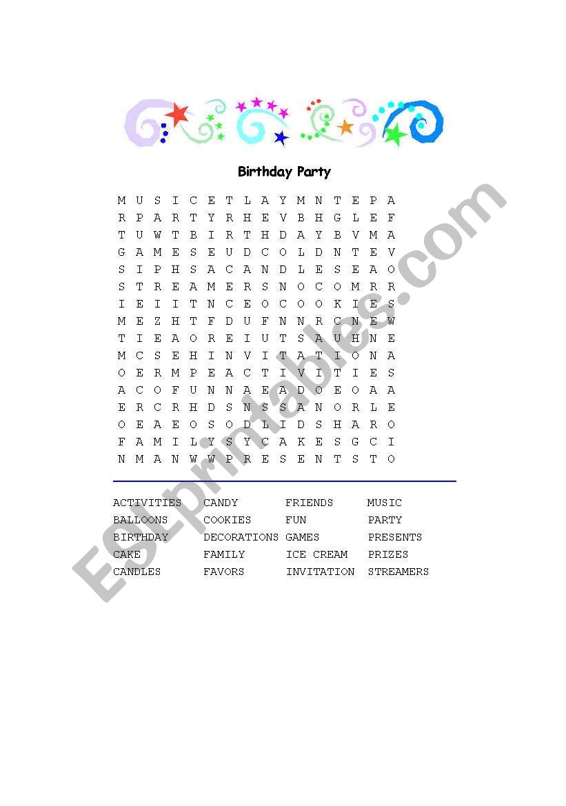 Birthday Party Wordsearch worksheet