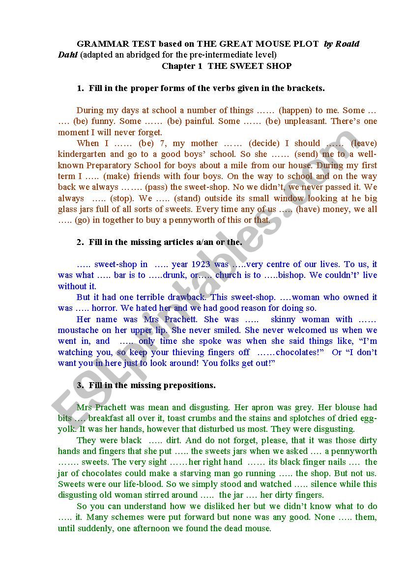 GRAMMAR TEST (tenses, articles, prepositions) with a KEY