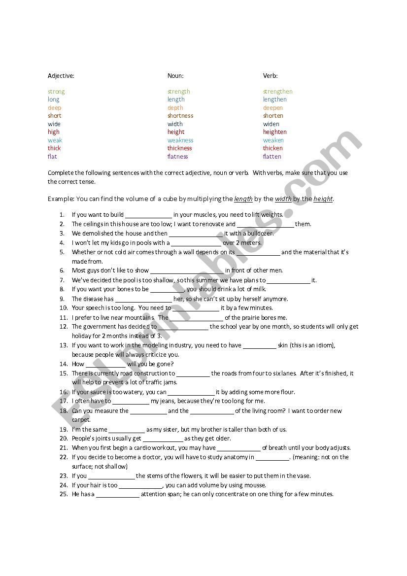 Adjectives, Nouns, Verbs worksheet
