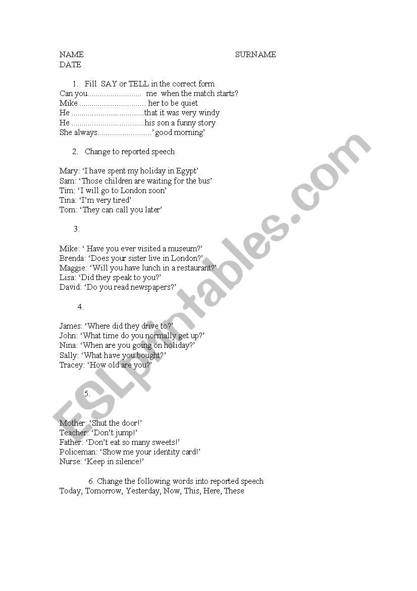 reported speech worksheet