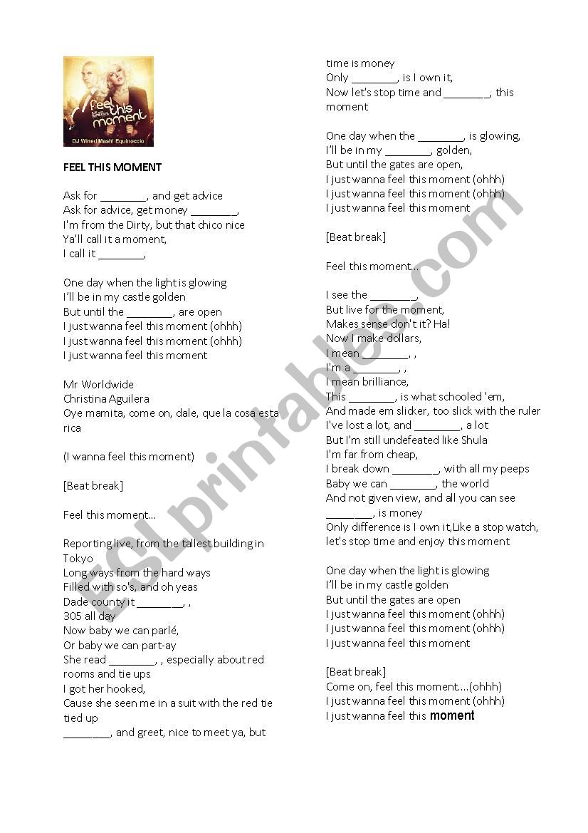 Song: feel this moment worksheet