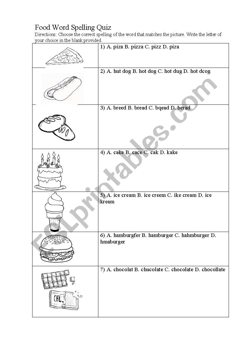 Food Word Spelling Quiz worksheet