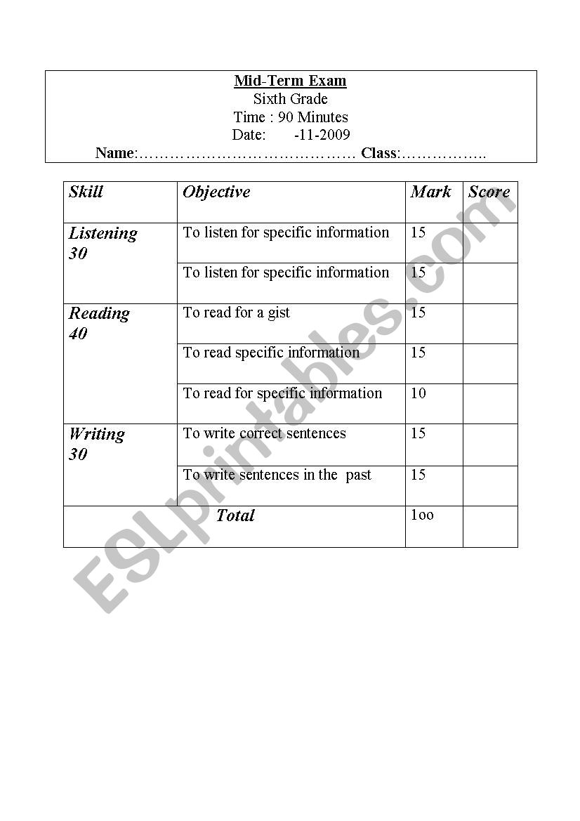 Term Exam Sixth Grade worksheet