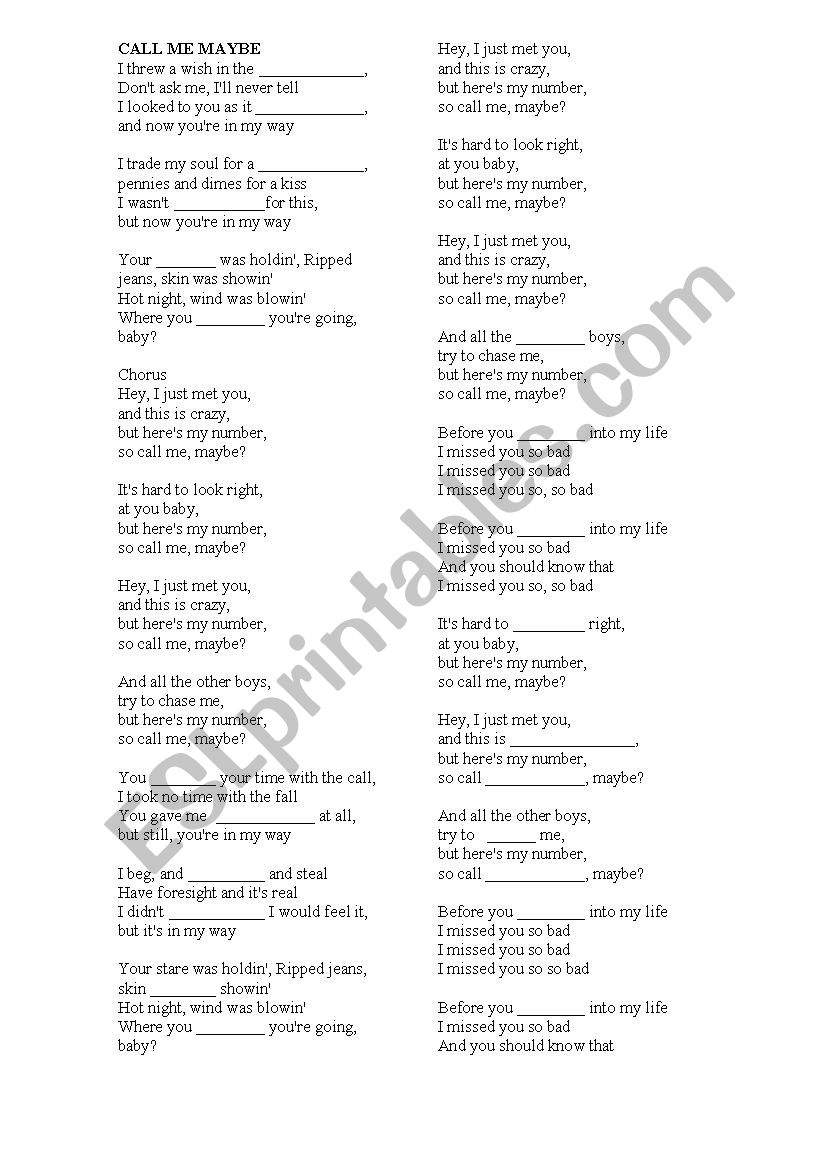 Call me Maybe worksheet