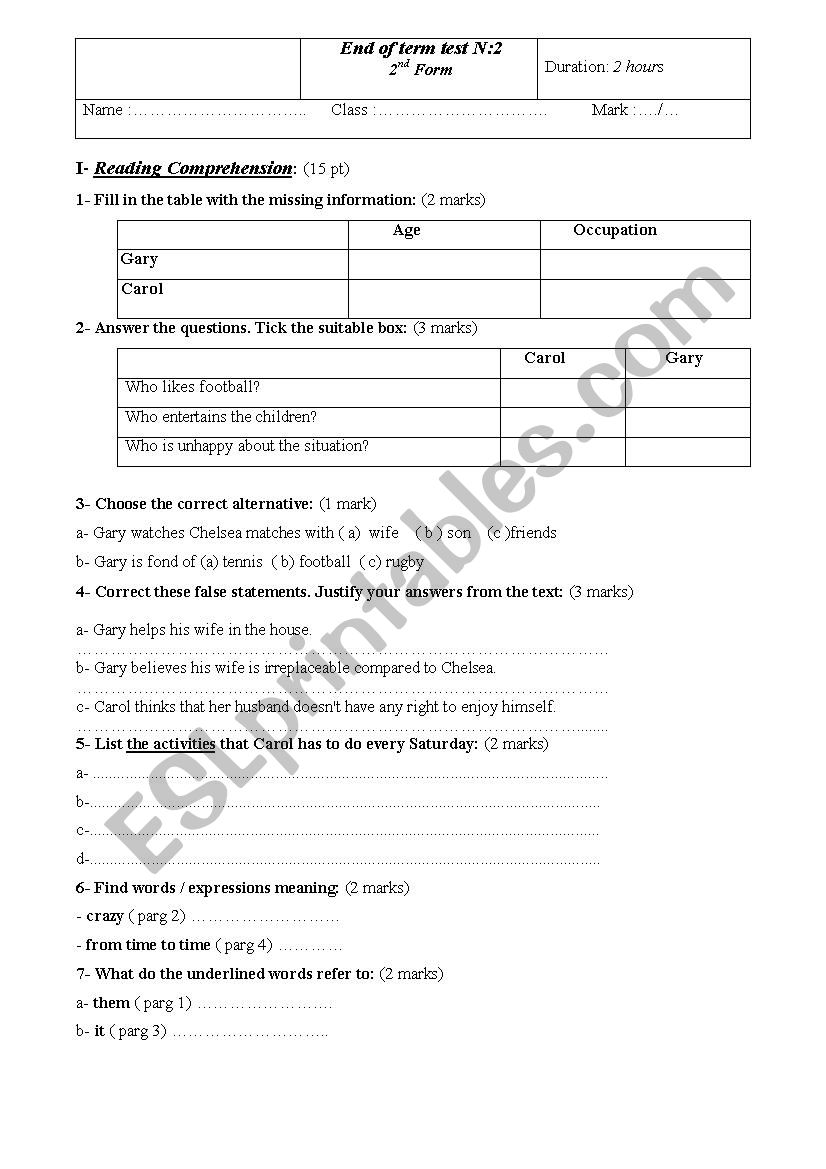 End of term Test N: 2  second formers