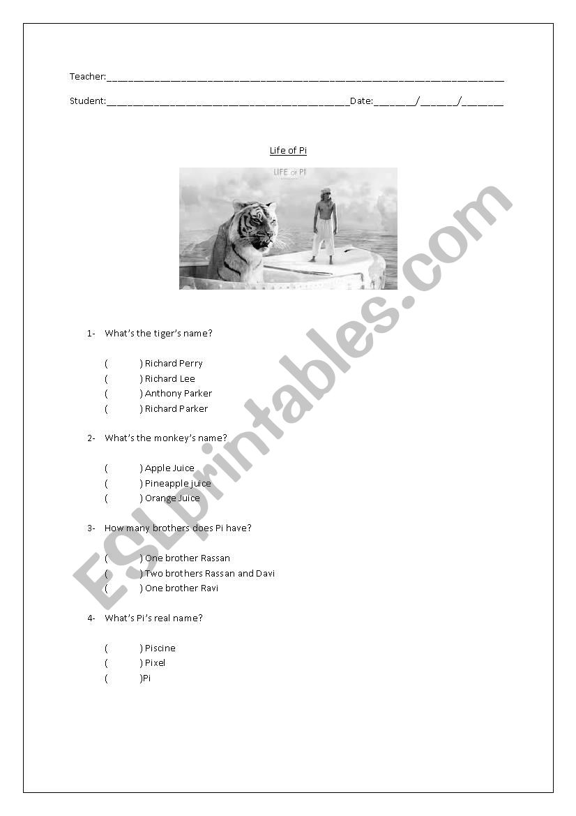 Life of Pi worksheet