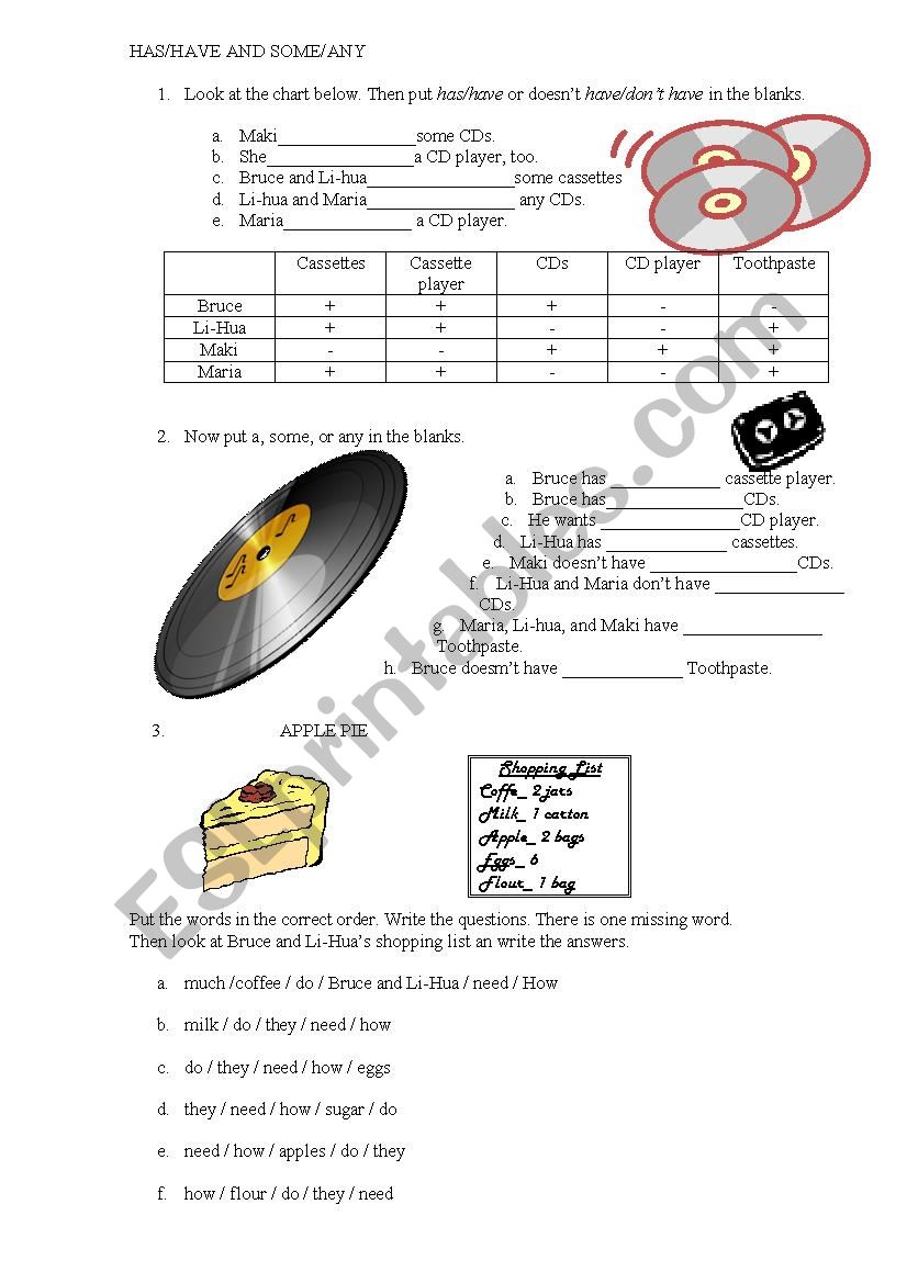 Has/have and Some/any worksheet