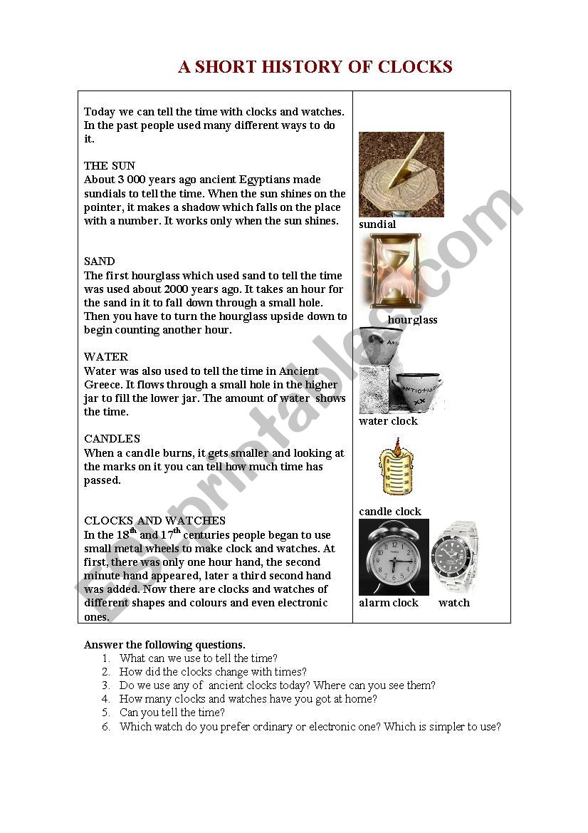 A SHORT HISTORY OF CLOCKS worksheet