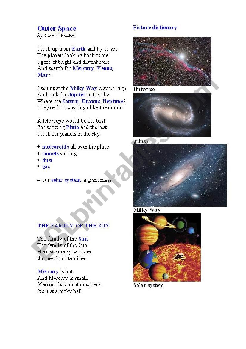 OUTER SPACE (3 poems, a pictionary, questions to answer and discuss)