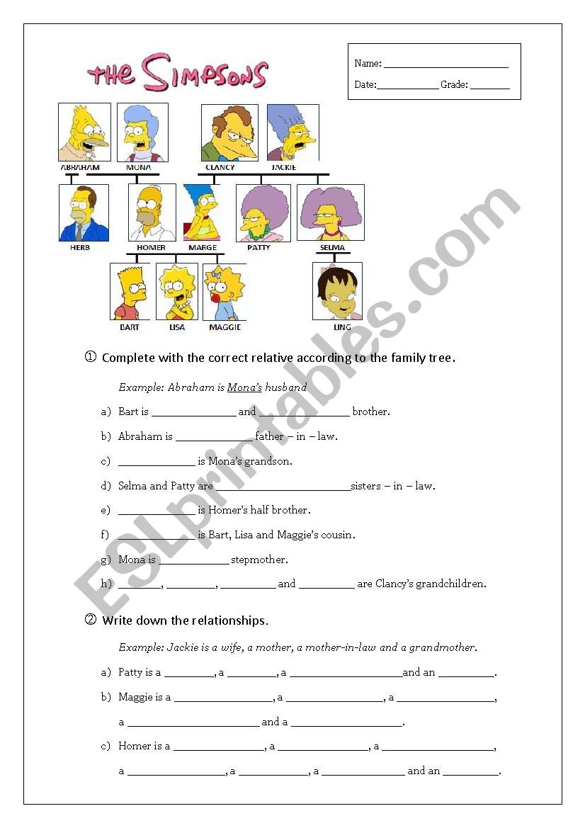 The Simpsons family tree  worksheet