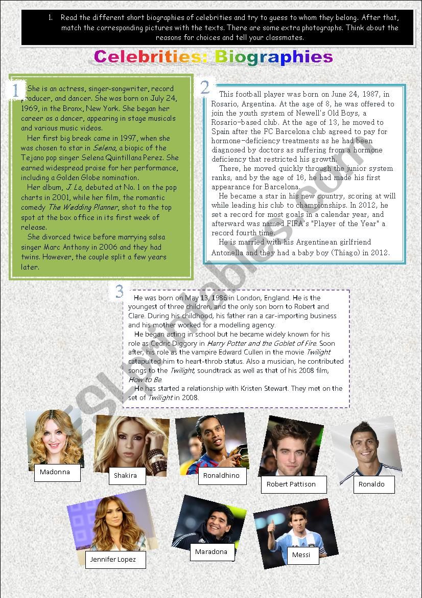 Celebrities Biographies worksheet