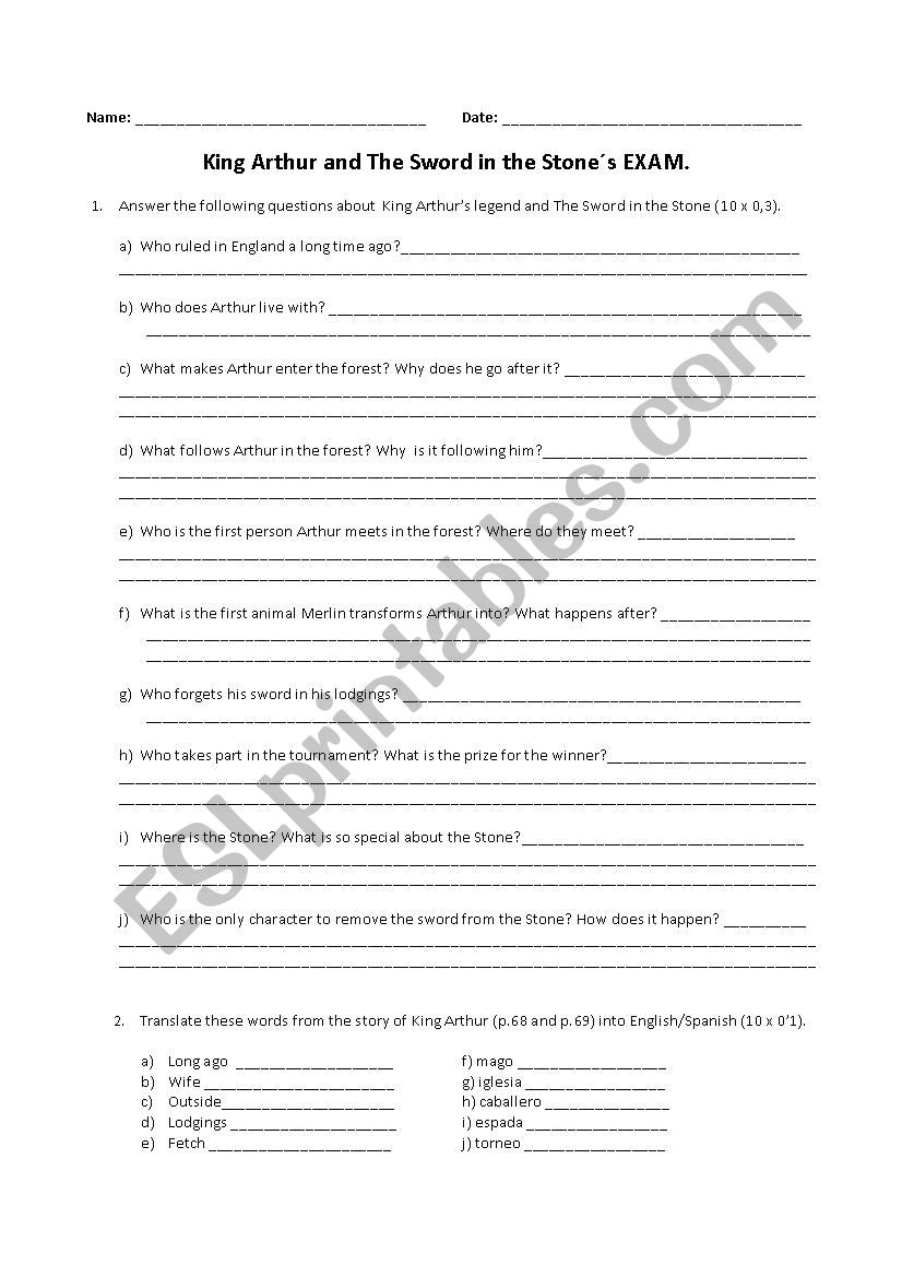 King Arthur worksheet