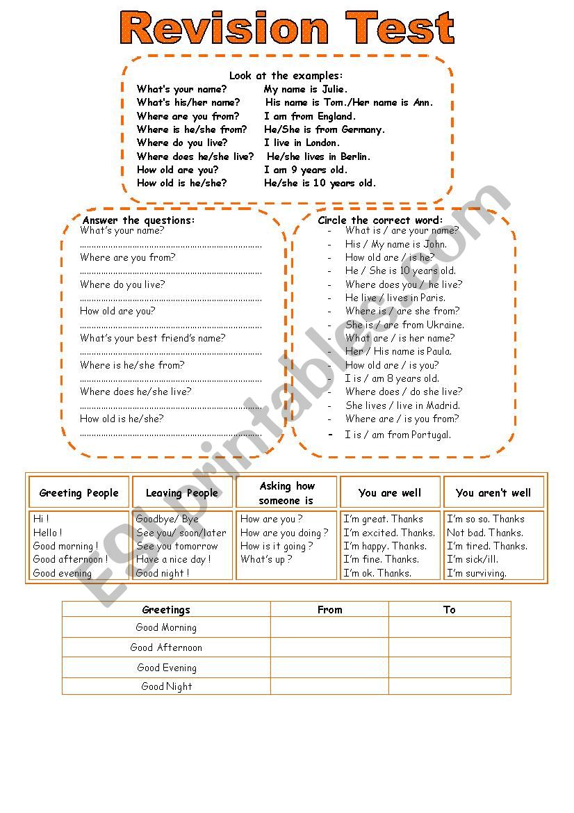 Revision test worksheet