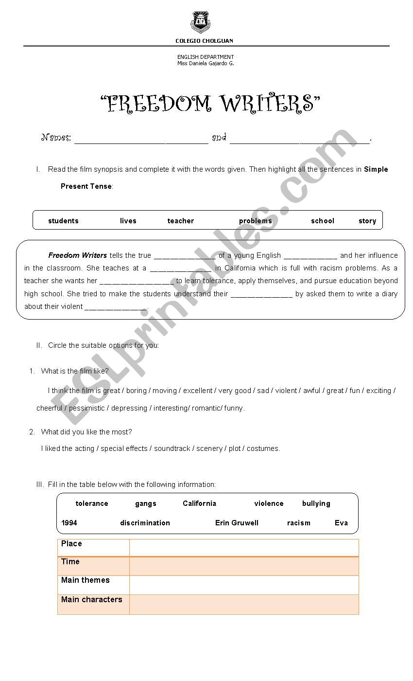 Freedom Writers worksheet