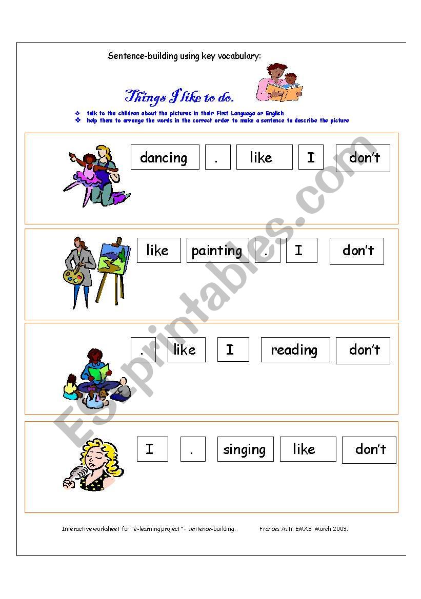 Hobbies- Sentence Building worksheet