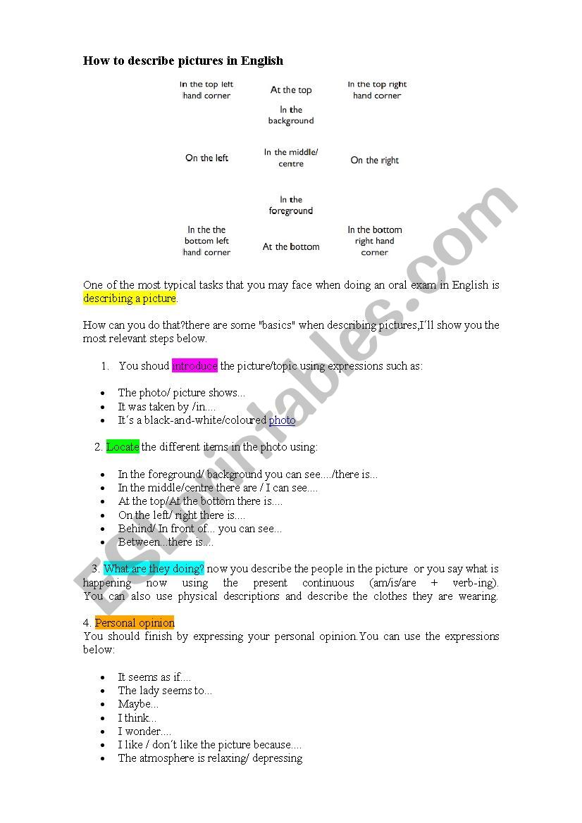 HOW TO DESCRIBE PICTURES worksheet