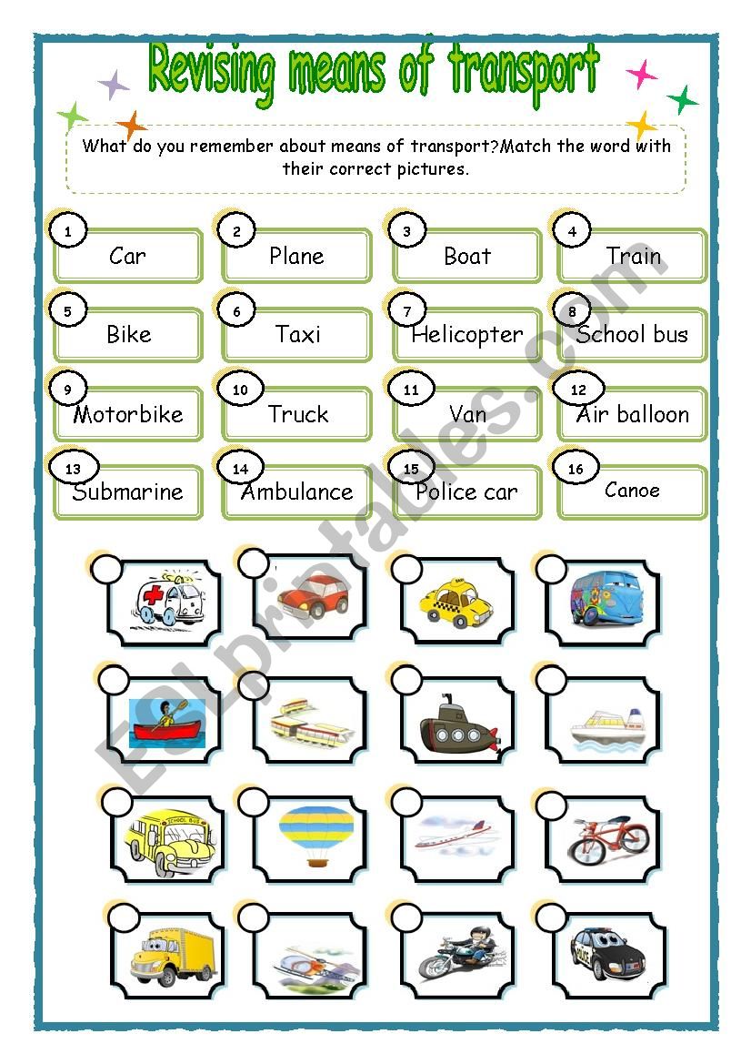 Means of transports matching worksheet