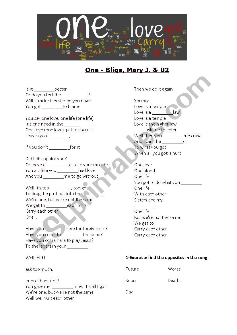 One love: U2 Song worksheet