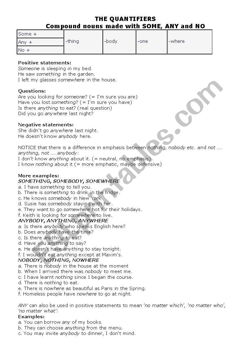 THE QUANTIFIERS worksheet