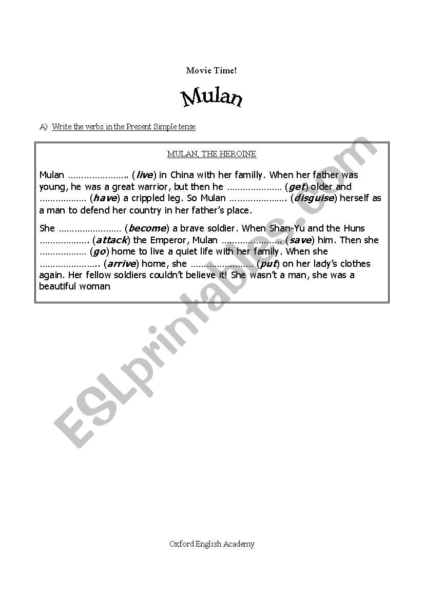 Movie Session Mulan worksheet