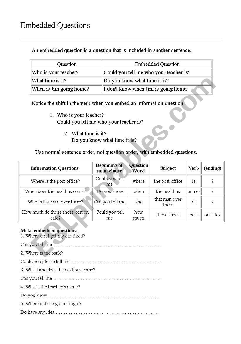 Embedded Questions  worksheet