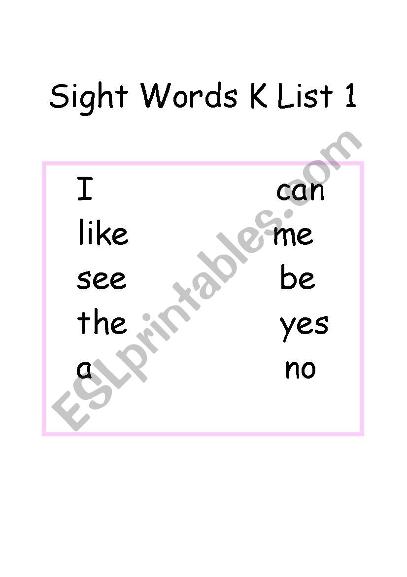 Sight Words K List 1 worksheet