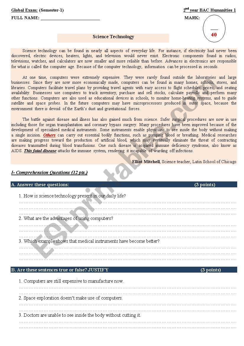 A global exam NÂ°2 for BAC students (reading comprehension + language questions )