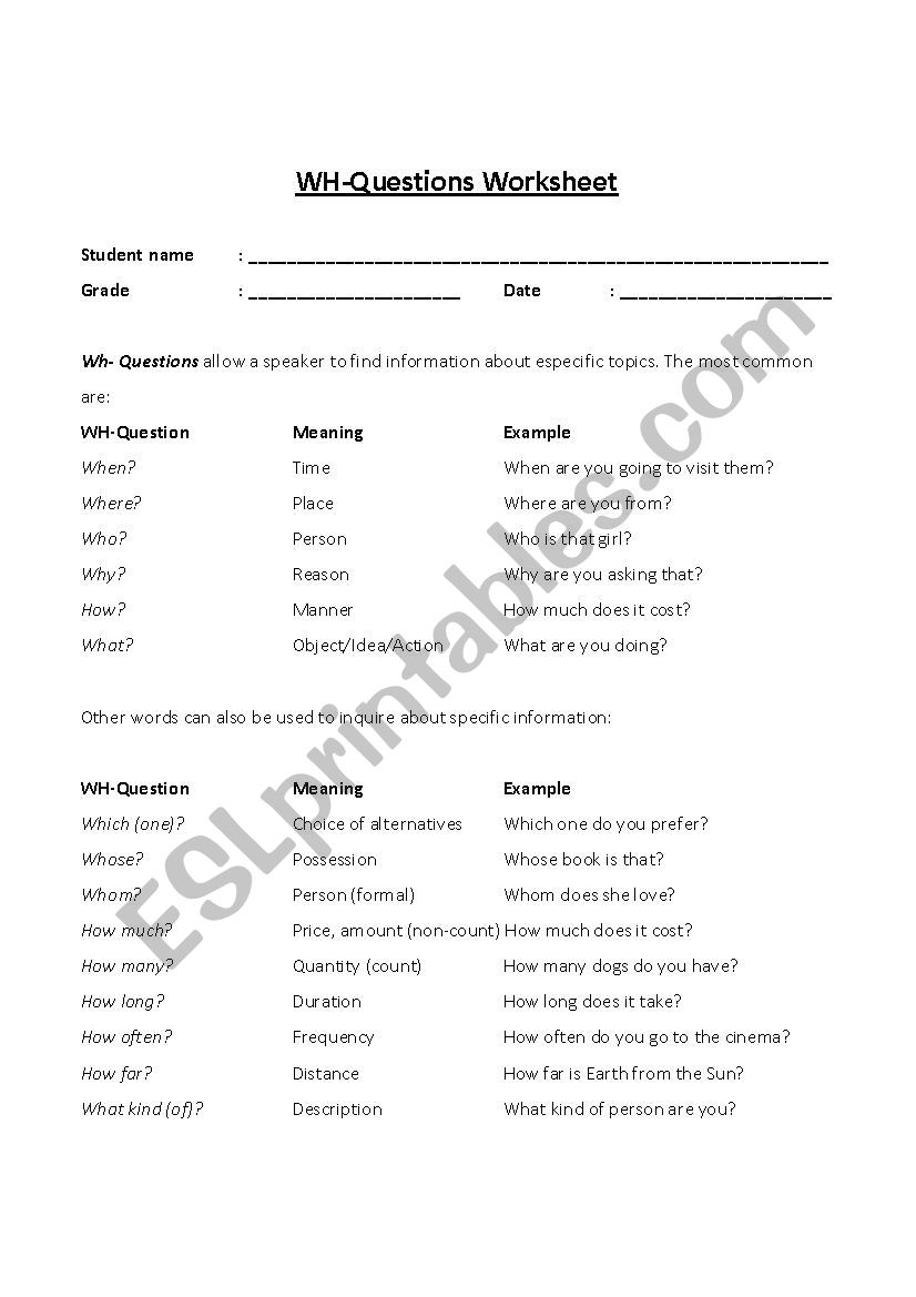 WH-Questions Worksheet worksheet