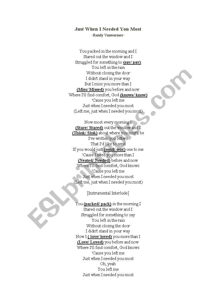 Just When I needed You Most worksheet