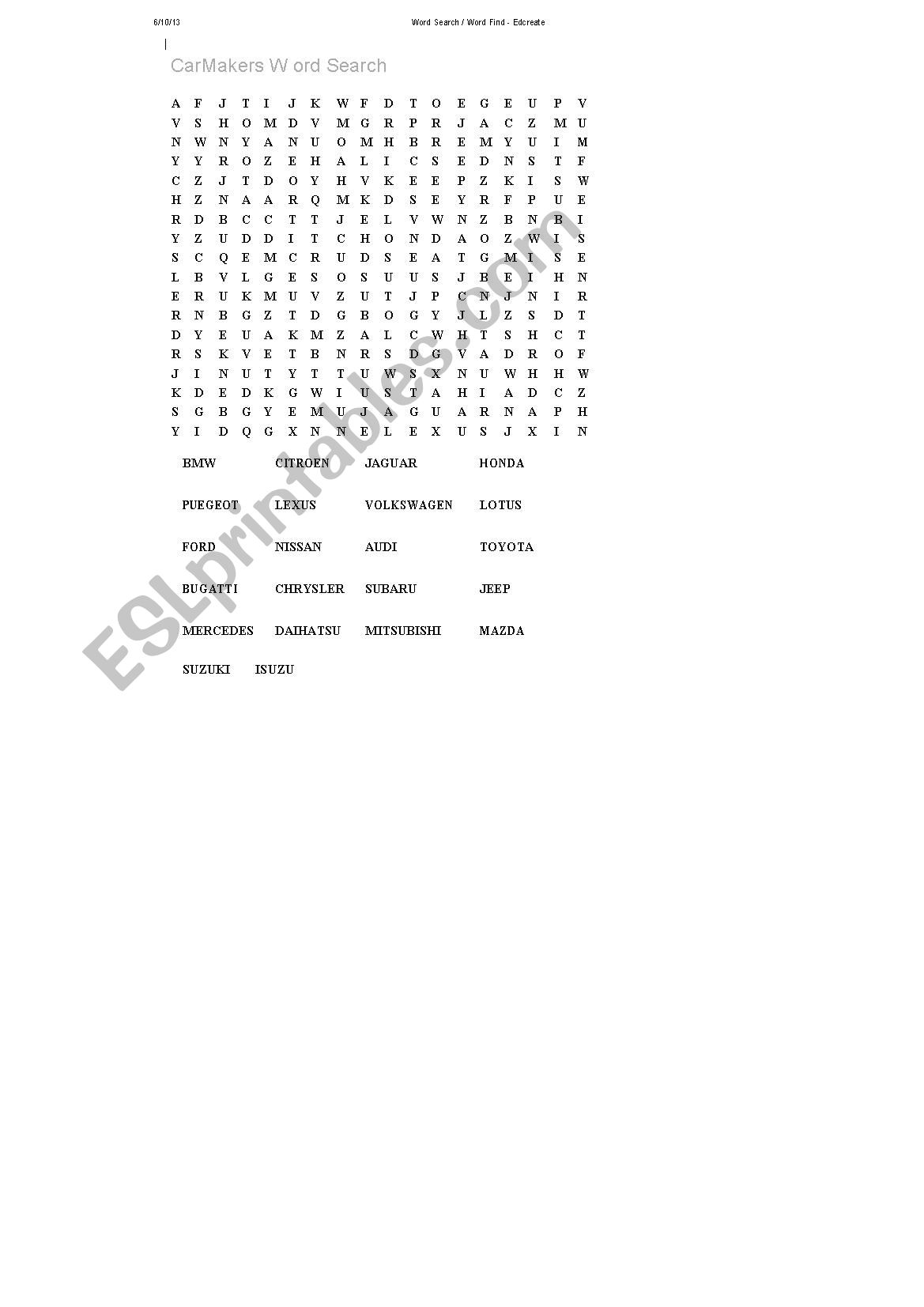 Car Maker Word Search worksheet