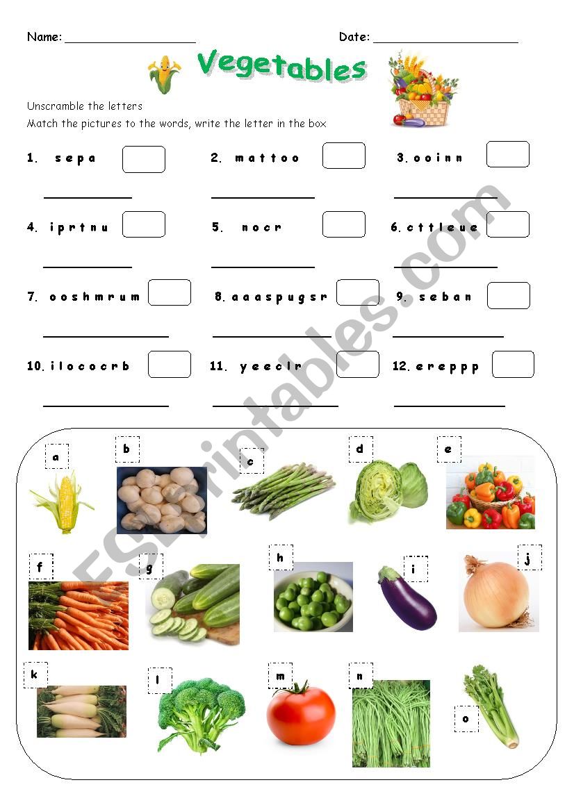 Vegetables worksheet