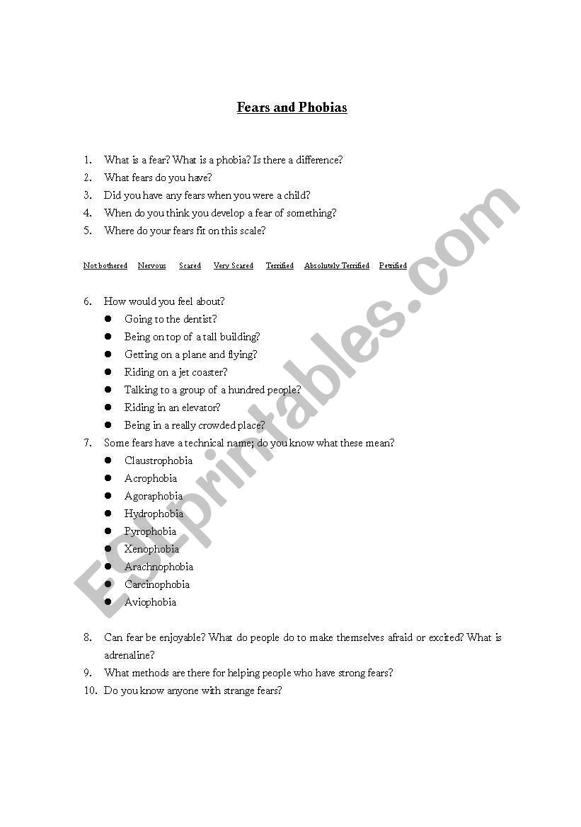 Fears and phobias worksheet