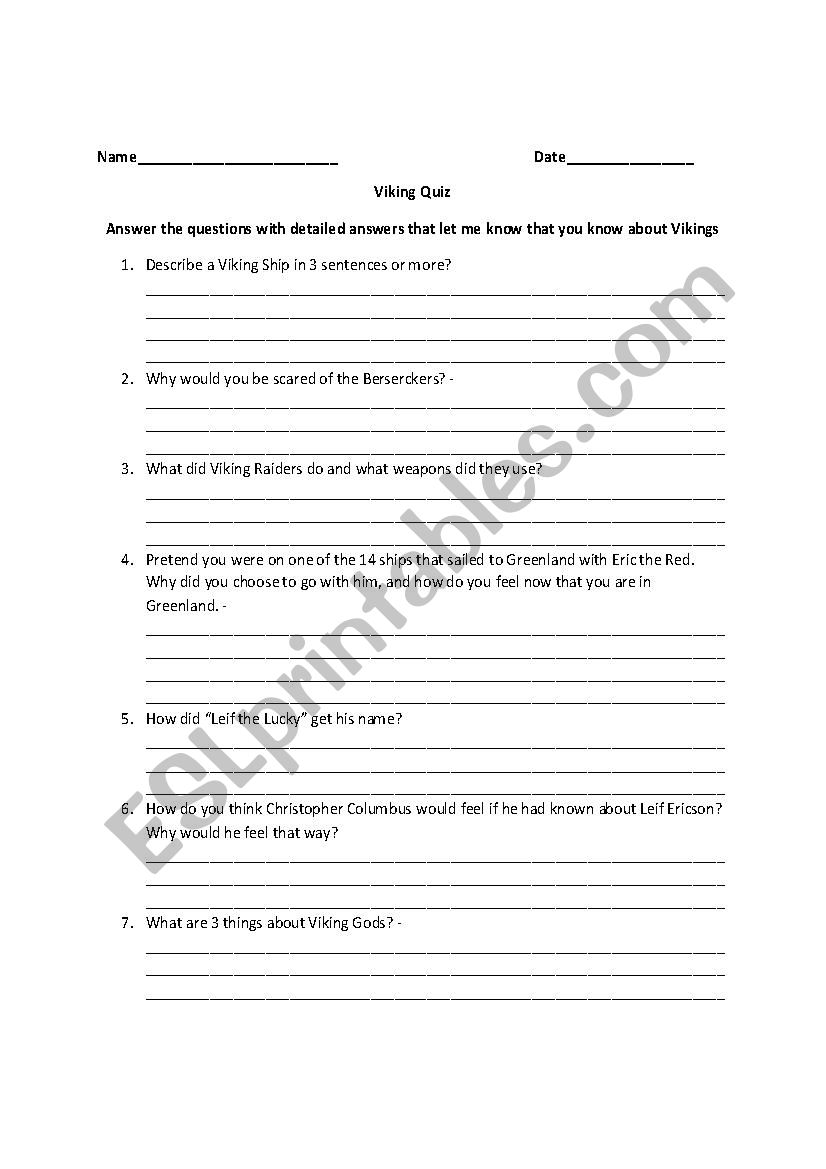 Viking Quiz - short-response  worksheet