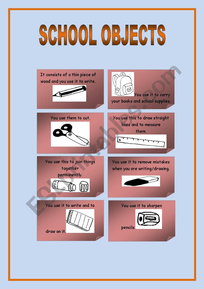 School Objects: Definition Cards