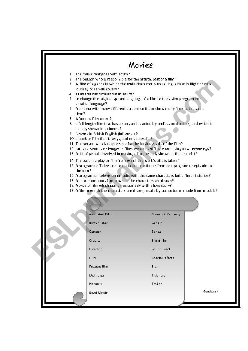 Movie vocabulary activity worksheet