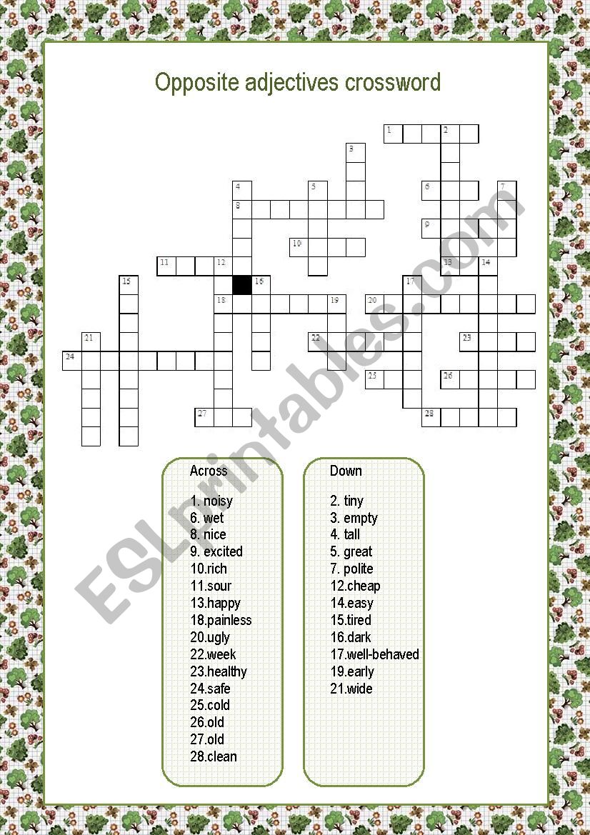 Opposite adjectives crossword worksheet