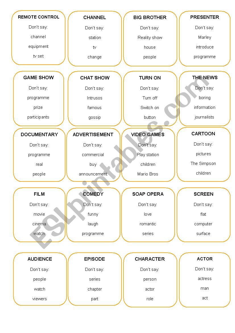 Taboo Game on TELEVISION worksheet