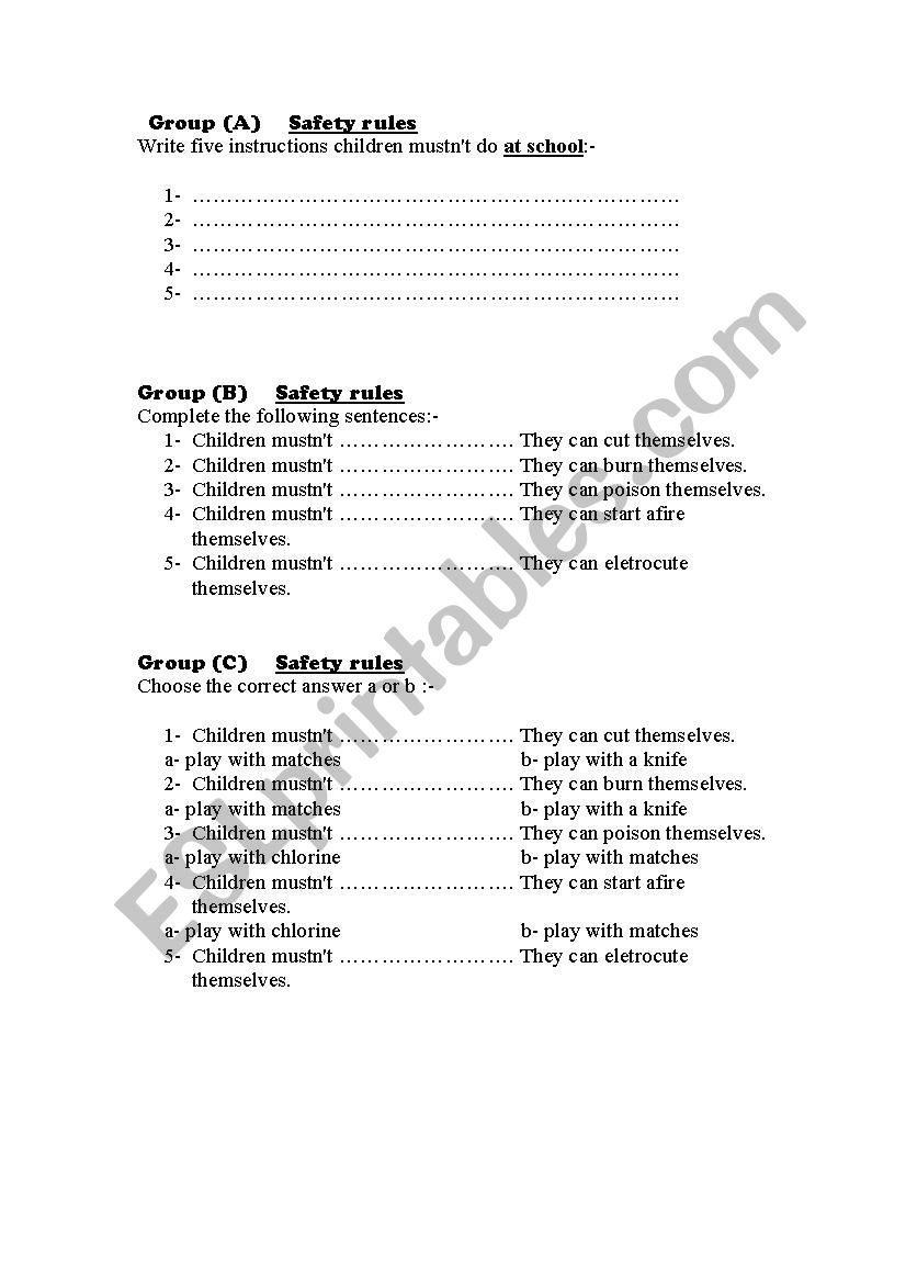 safety rules worksheet