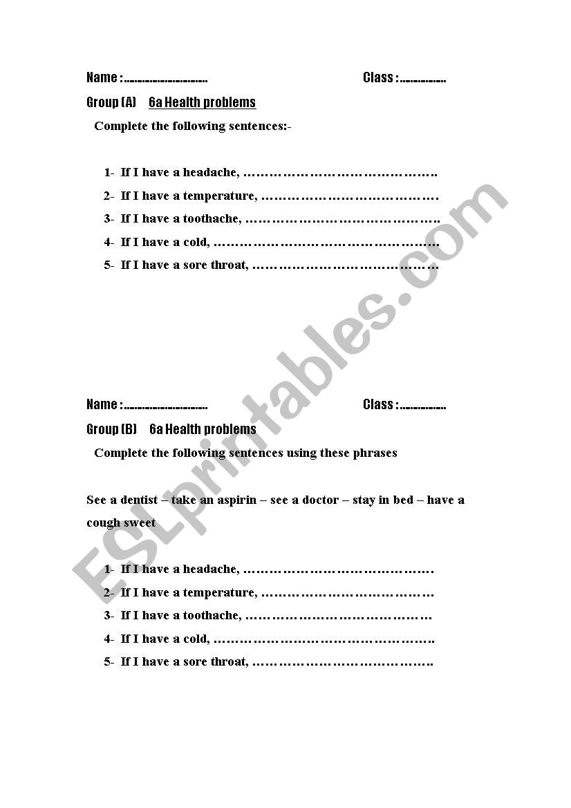 health problems worksheet