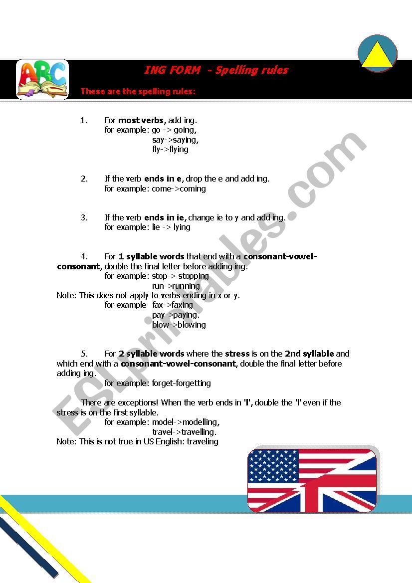 Spelling rules for -ing form worksheet