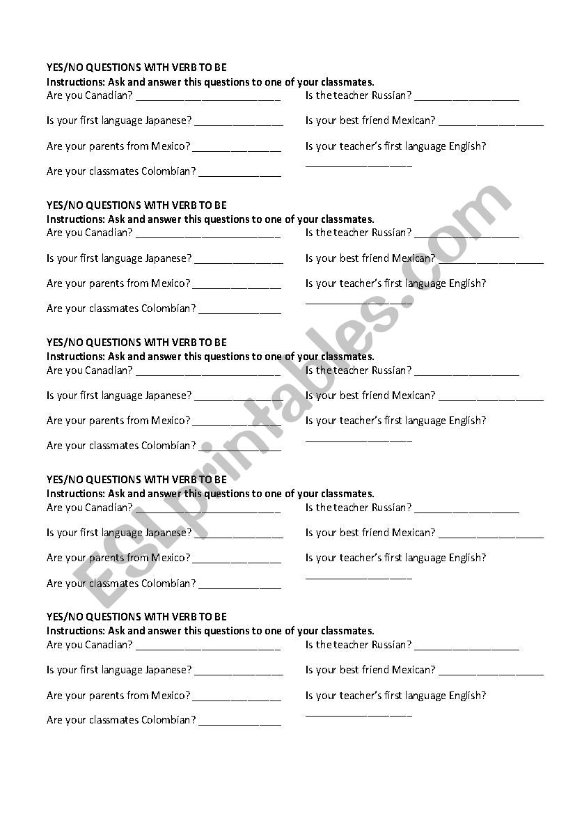 Yes No questions with be worksheet