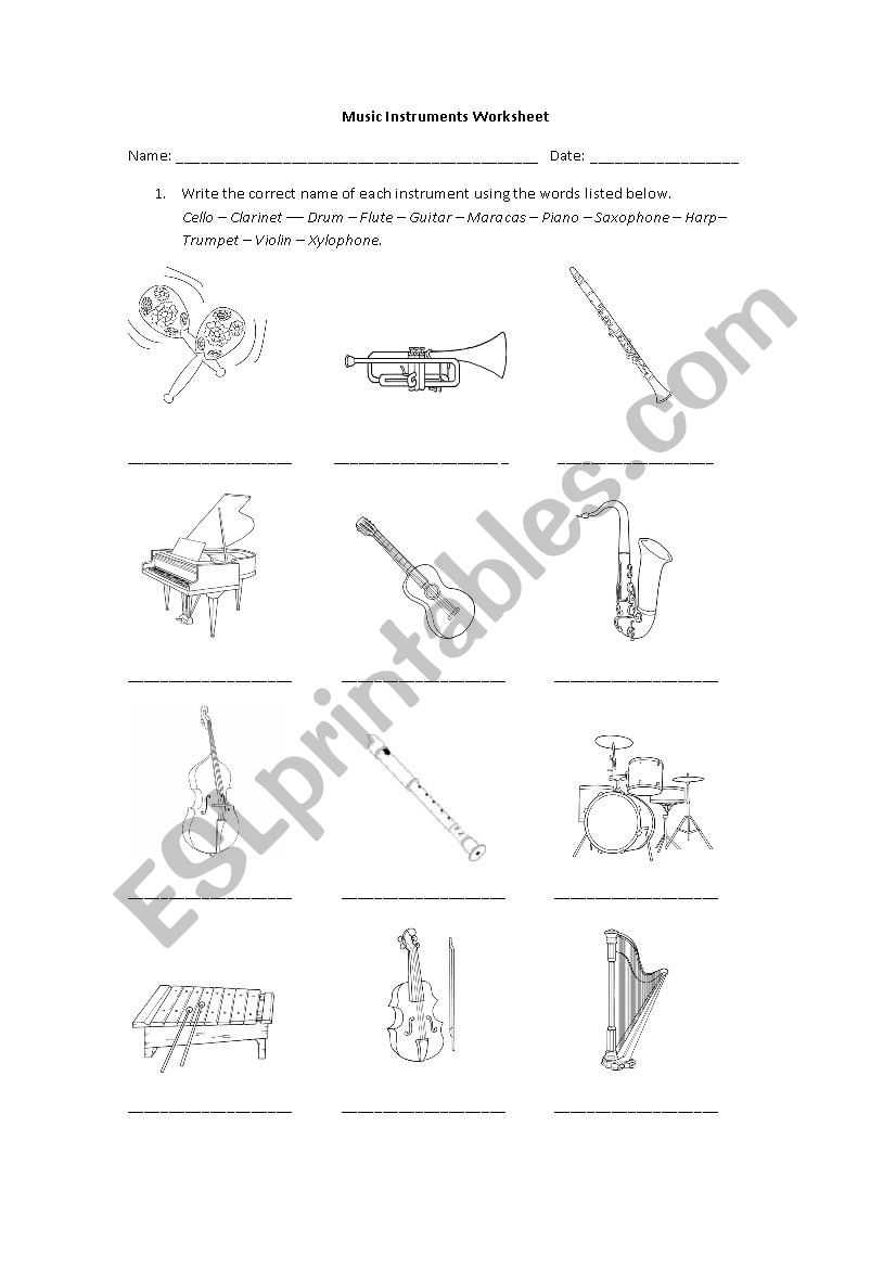 Music Instruments Worksheet worksheet